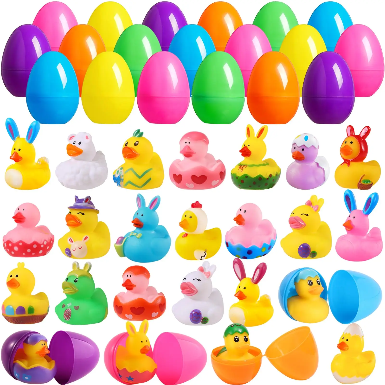 24 Set Easter Basket Stuffers for Kids,  Easter Eggs Fillers with Easter Rubber Ducks, Prefilled Easter Egg for Boy Girl