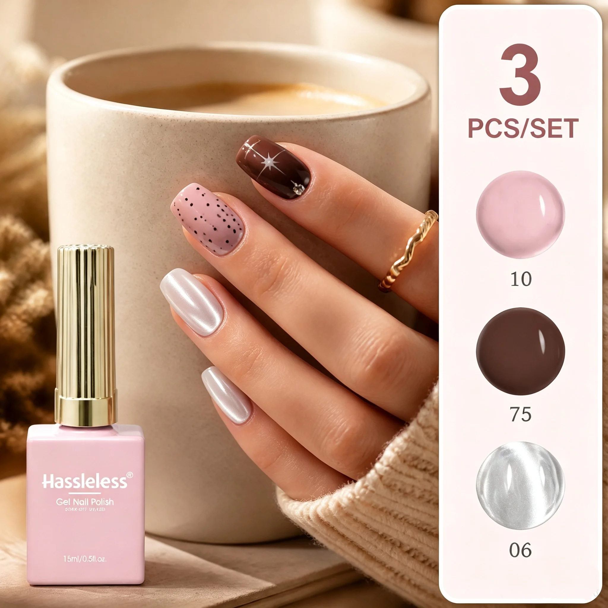 Hassleless 3Pcs Solid Color + Cat Eye Nail Polish Gel Set, Alcohol-Free, Hypoallergenic, Long-Lasting, Suitable for Home Use and Nail Salons, Women's Gift