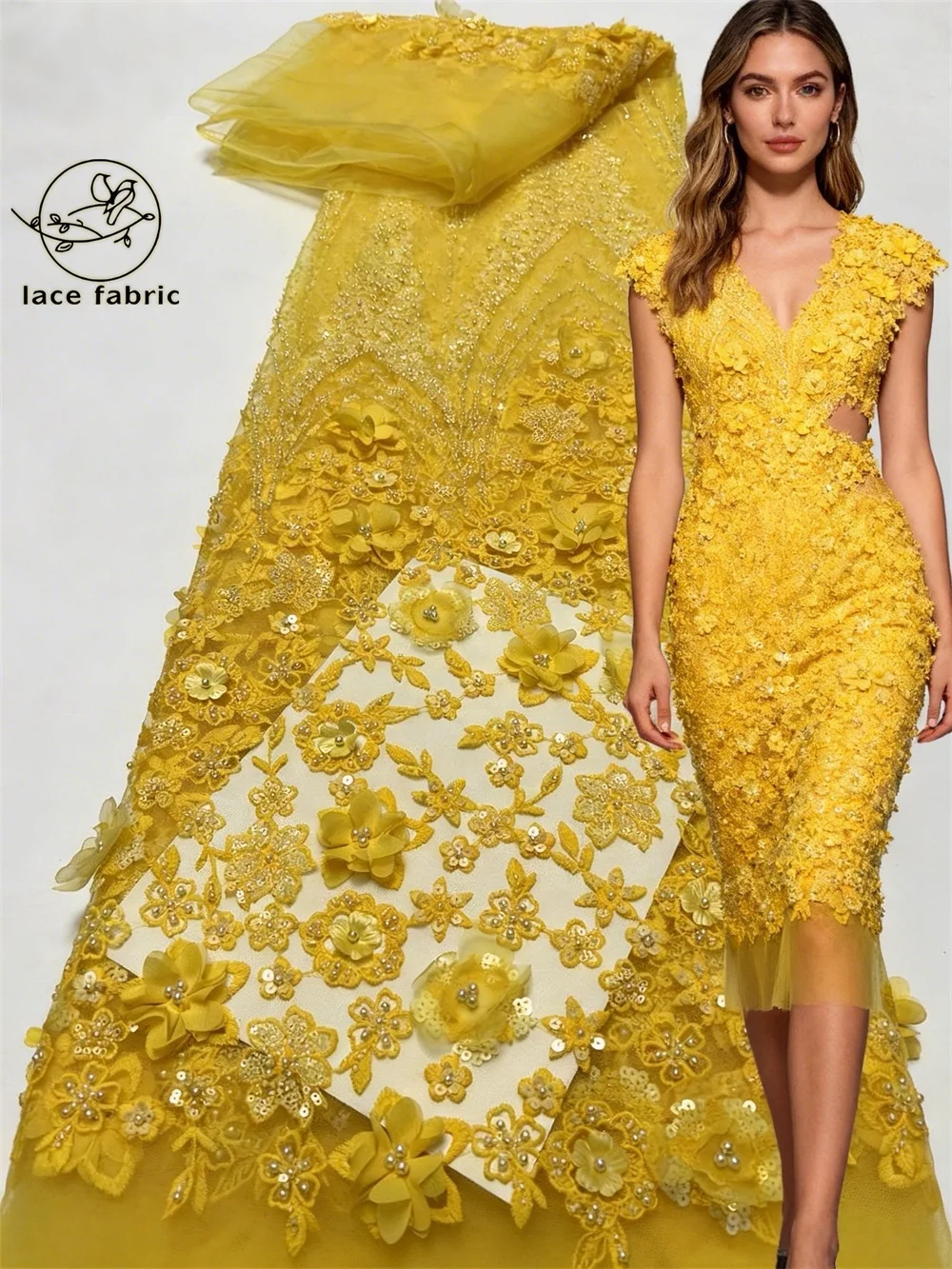 

Yellow African 3D Flower Lace Fabric 5 Yards 2026 High-Quality French-Style Nigerian Sequins Lace Fabric Wedding Evening Dress
