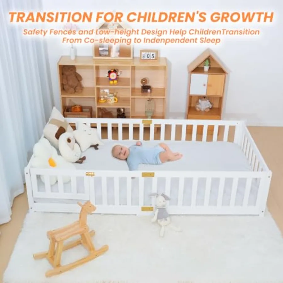 Twin Floor Bed for with Montessori Design Featuring Wooden Slats Integrated Door Storage and Sturdy Wood Frame Ideal for Toddle