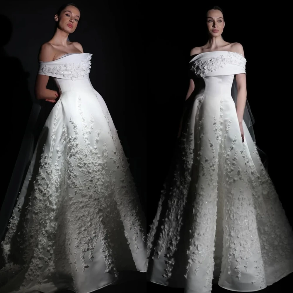 

Customized Elegant White Satin Evening Dress Classic Boat Neck Off the Shoulder Wedding Dress Soft Appliques Sequined Prom Dress