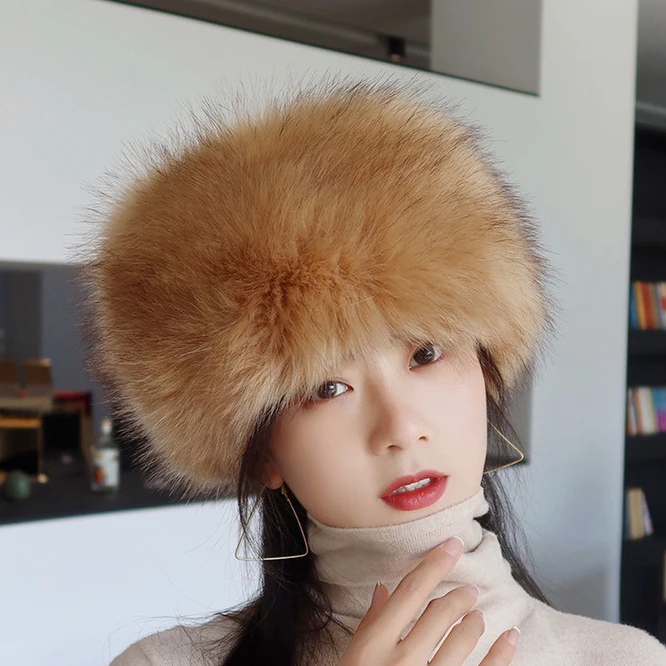 Women Lady Russian Tick Fluffy imitation Fox Fur Hat Headband Winter Earwarmer Ski Hat Female Hats For Autumn winte Rlight Beige