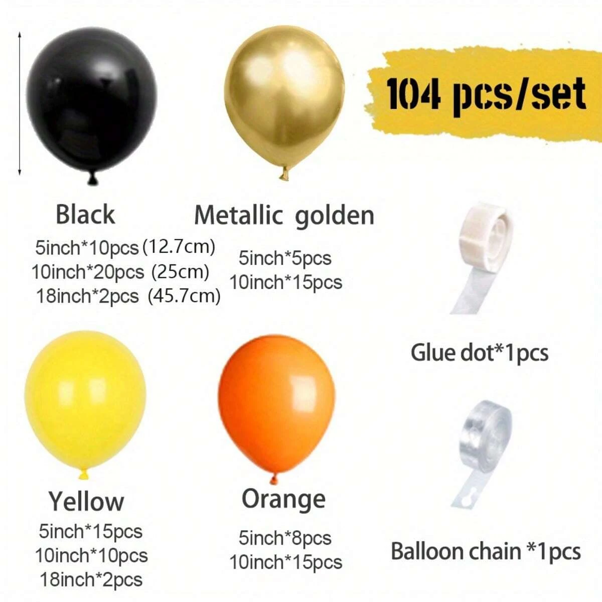 104pcs Black Yellow Orang Golden Foil Balloon Garland Set Balloon Arch Kit For Construction Theme Birthday Party Decorations