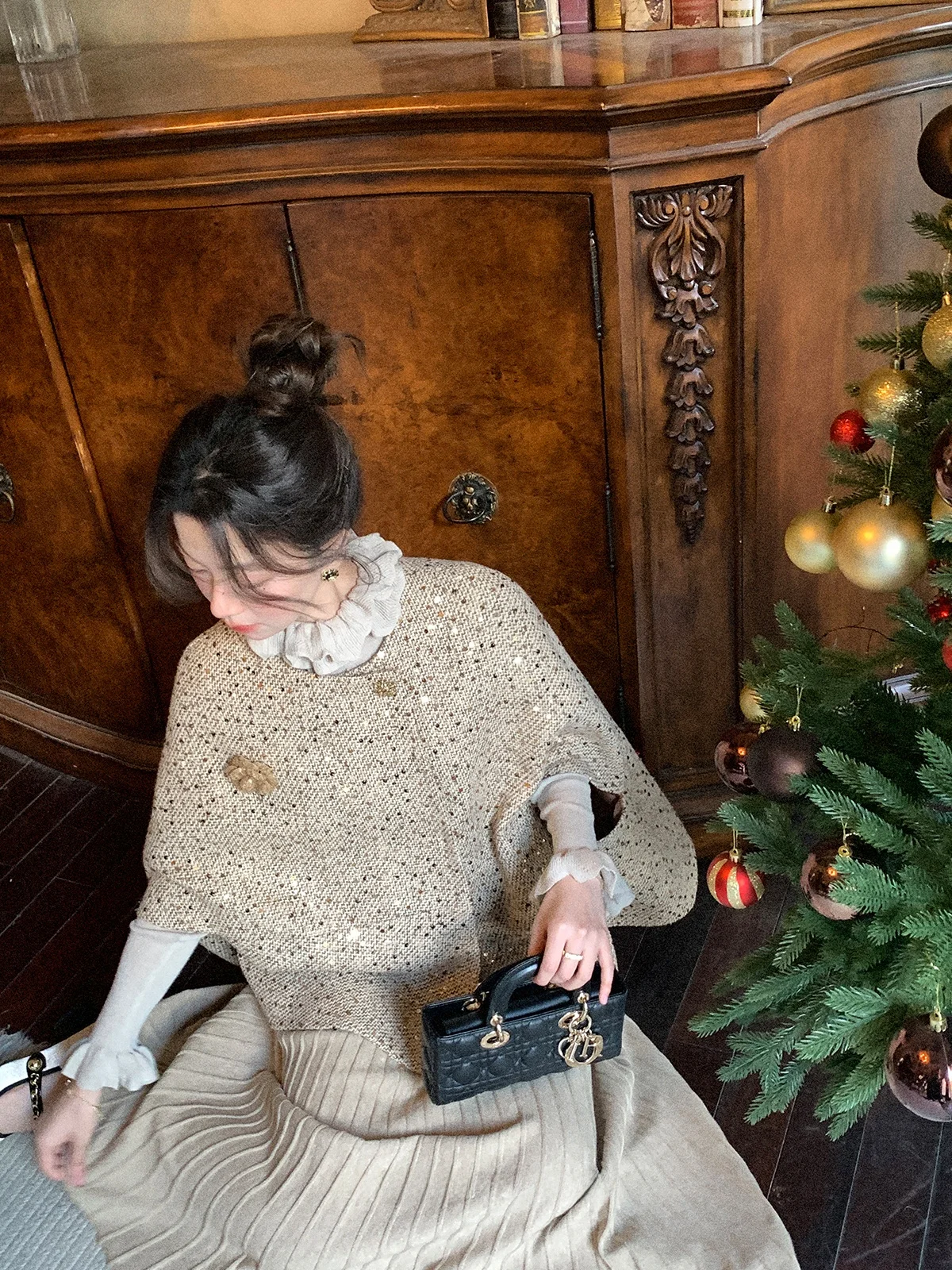 

Зимнее женское пальто-накидка Ele, маленькое, в стиле французской моды, верхняя одежда ручной работы, с длинными рукавами «летучая мышь», с завышенной талией