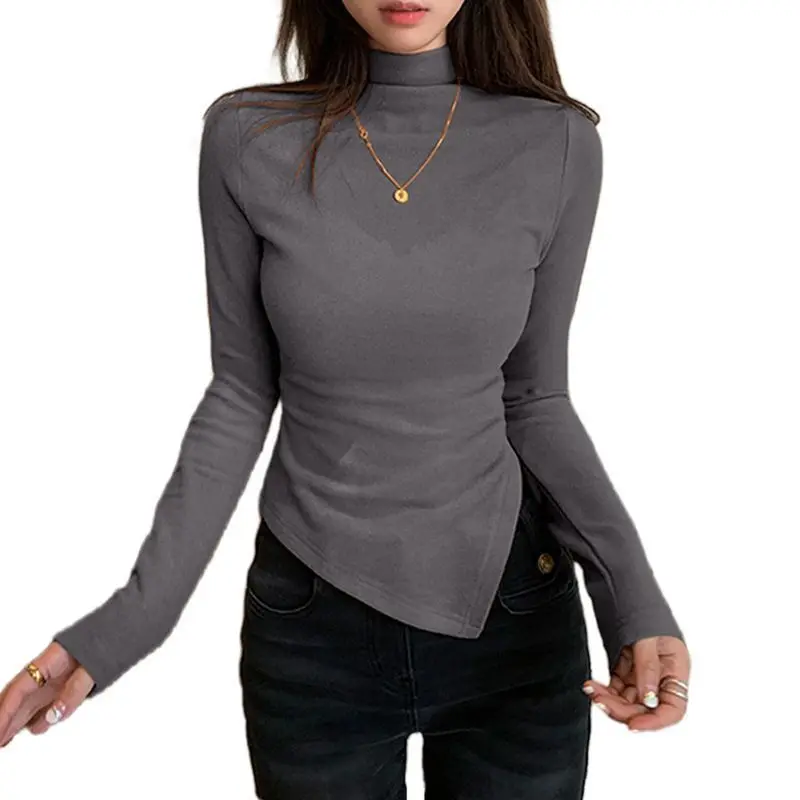 Autumn Winter All-match Slim T-Shirt For Women Solid Color Long Sleeve Bodycon Base InsideT-shirts Bottoming Shirt Simple Style