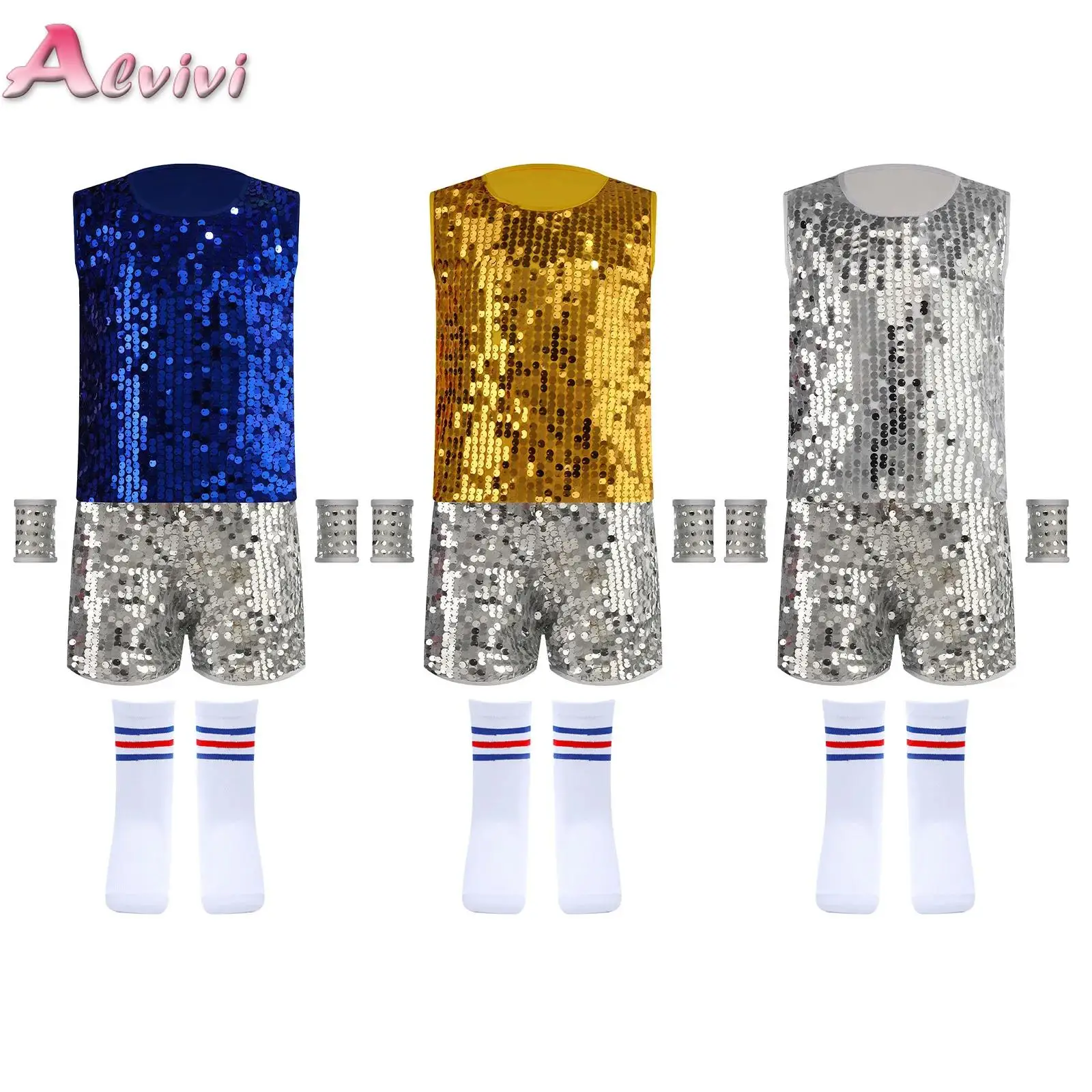

Kids Boys Girls Jazz Dance Outfits Sparkling Tank Top with Shorts Socks Cuffs for Hip-Hop Modern Cheerleading Stage Performance