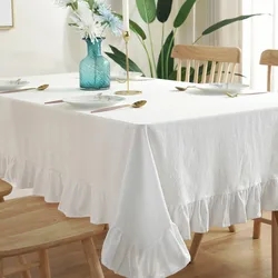 White Tablecloth Washable Vintage Ruffle Trim Table Cover for Boho Wedding Tabletop Bridal Baby Shower Birthday Party Decoration