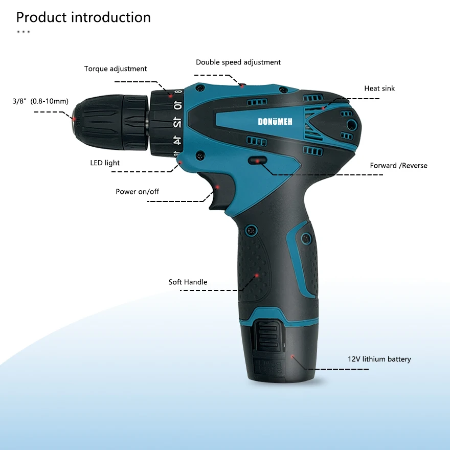 DONUMEH 12V Cordless Drill Electric Screwdriver Brushless Rechargeable li-ion Battery Two-Speed Torque 18+1 Driver Power Tools