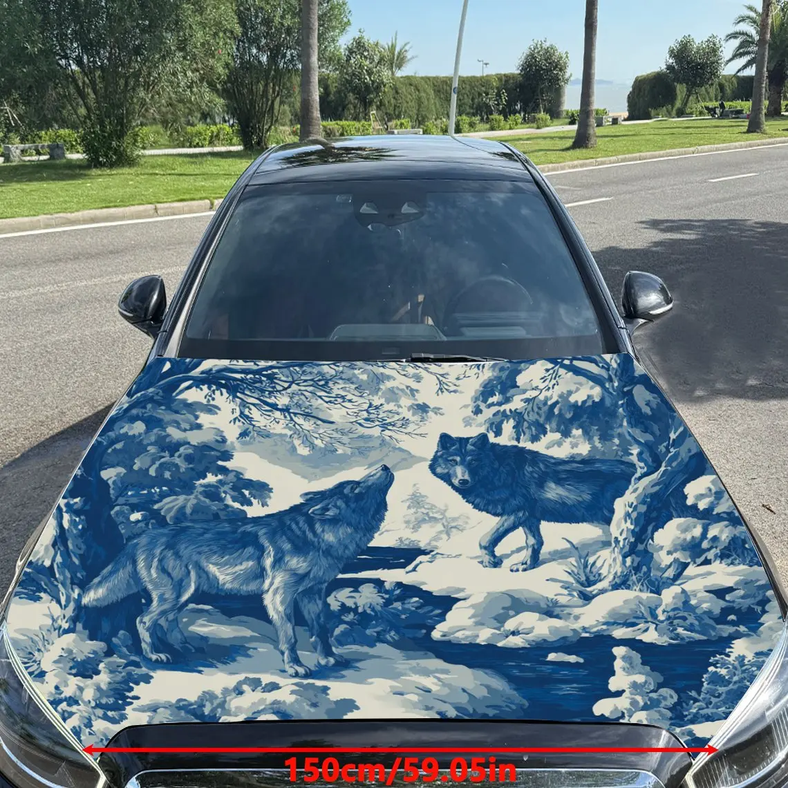 Car Decals Wolves Exhibiting Ferocity And Unity In A Blue - Toned, Dynamic Scene Car Hood Sticker, Waterproof Self - Adhesive Vi