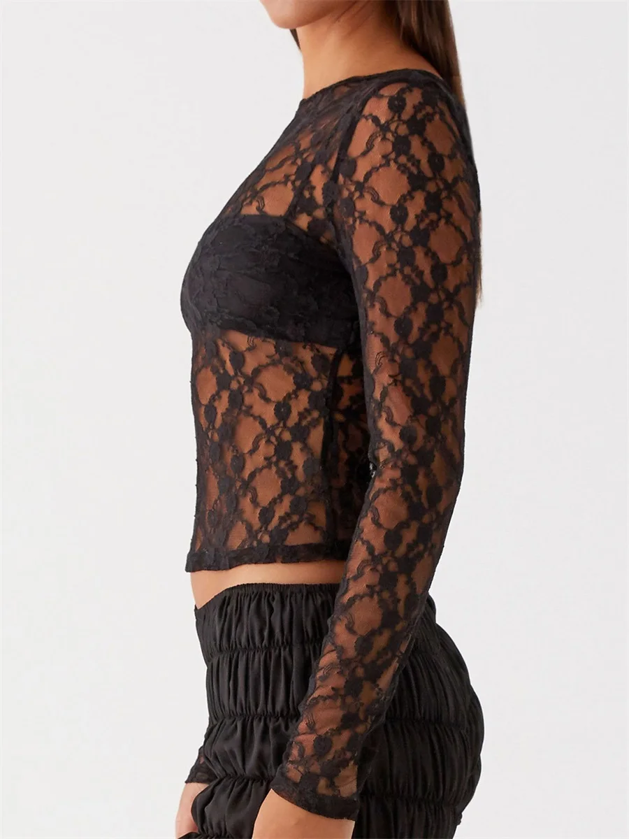 Women s Lace Crop Top with Cutout Back and Long Sleeves Perfect for Clubwear and Street Style Fashionistas Looking for