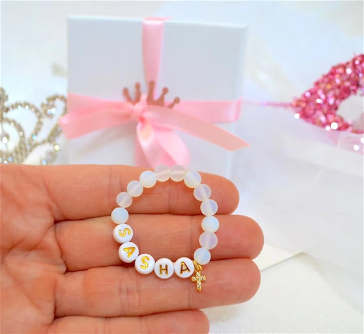 Pulsera con Cruz de ópalo de mar para niñas, brazalete con diamantes de imitación, regalo de bautismo, primera comunión, regalo personalizado para niños