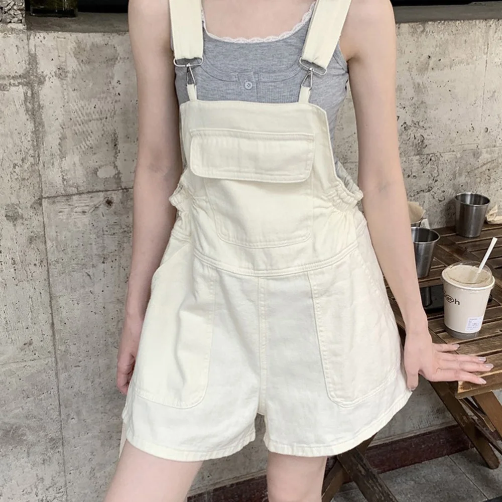

Elegant Beige Denim Jumpsuit for Women Solid Suspender Strap Pants Female Summer All-match Loose Leisure Wide Leg Short Bodysuit