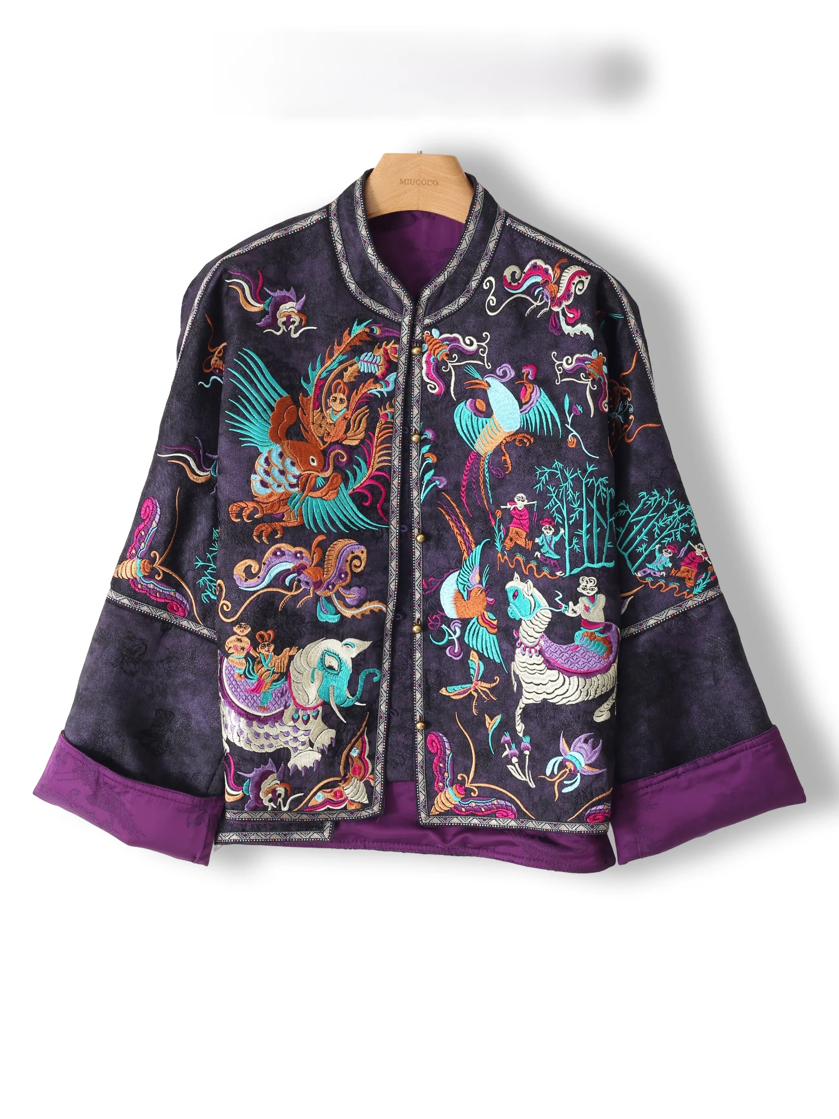 

Elegant Chinese Style Embroidered Heavy Work Dark Pattern Silk Satin Jacket Women's Loose Fit Long Sleeve Stand Collar Coat