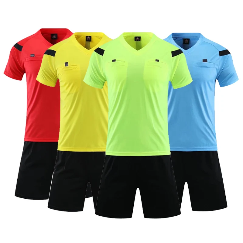 Professional Referee Soccer Jersey Set Adult V-neck Football Referee Uniform Short Sleeve Match Judge Shirt Three Pockets Shorts