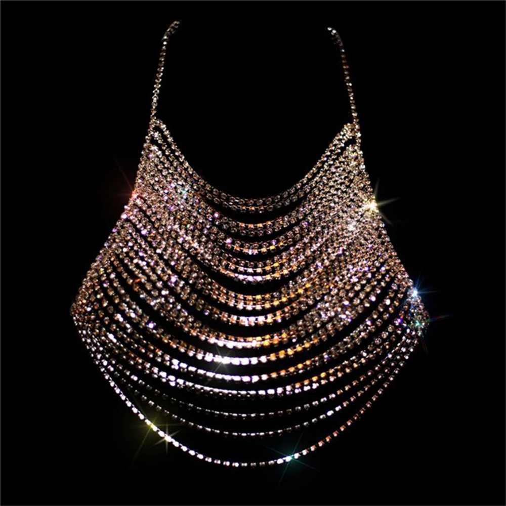 Sexy Sparkling Tassel Rhinestone for Chest Chain Jewelry Fashion Nightclub Party Crystal Bra Chain Wear Jewelry Accessories