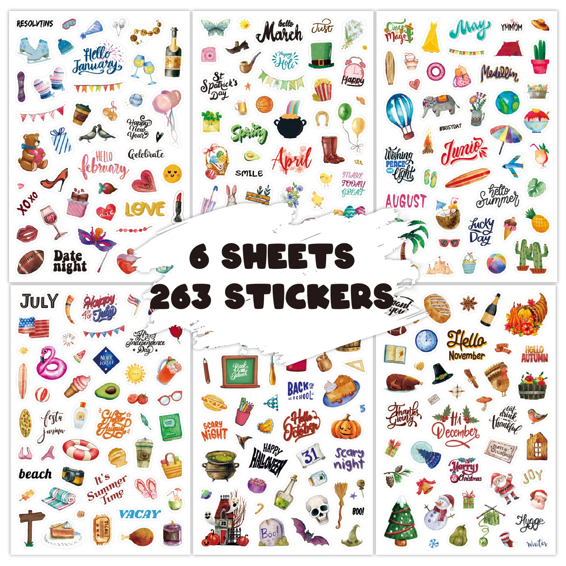 263Pcs English Cartoon Planner Stickers Creative Festival Theme Journal Scrapbook New Arrival DIY Decorative Stickers