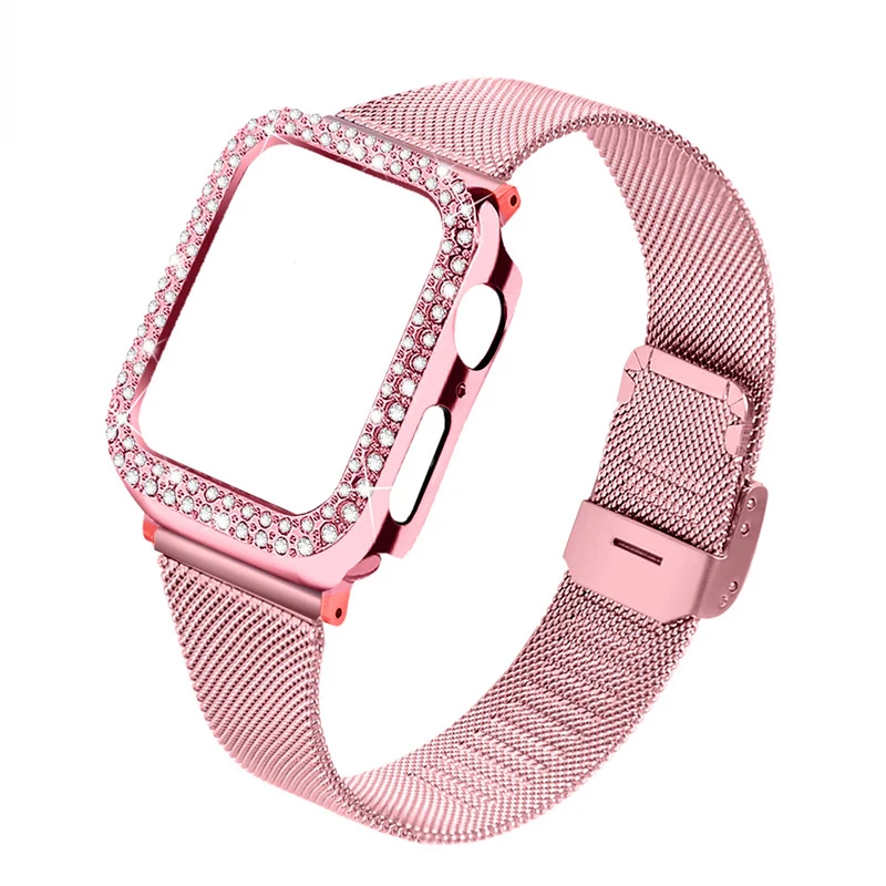 

Diamond case+Milanese Loop strap for apple watch band 44mm 40mm 38mm/42mm Slim bracelet iWatch Series8 7 6 5 4 3 Se 41mm 45mm