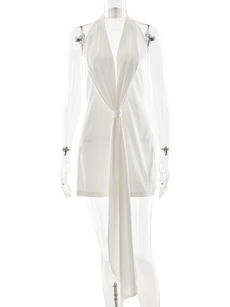 Oniflyme Diepe V-hals Mouwloze Satijnen Mini Jurk Vrouwen Sexy Halter Backless Bodycon A-lijn Jurken Dame Elegante Partywear Gewaden