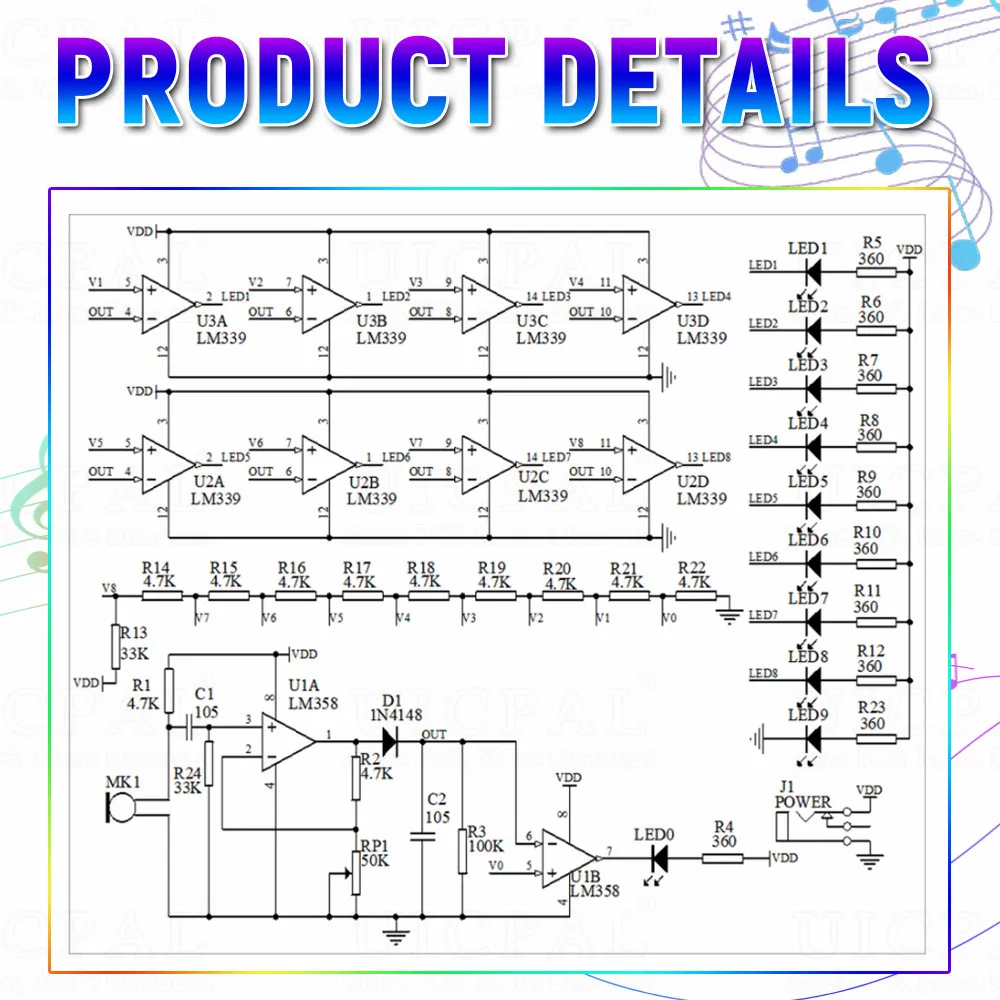 DIY Sound Control LED Music Spectrum Electronic Kit Crystal Column Audio Display PCB Soldering Practice Kit LM339 LM358 DC5-12V