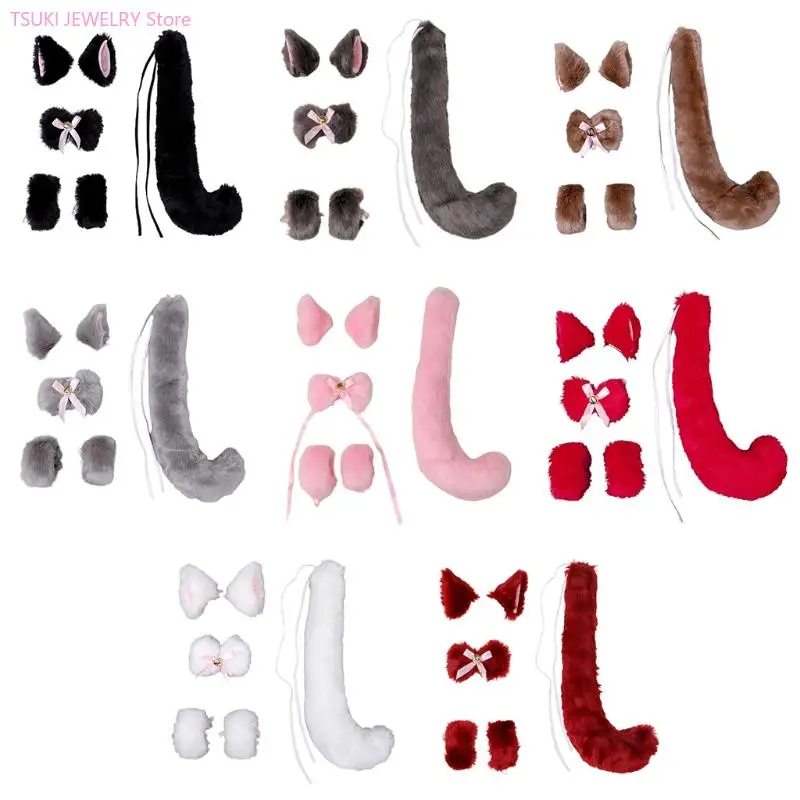 

62KE 6 Pieces Plush Animal Cosplay Set for Cat Ears Tie Tail Bangle Fashion Lolita Gothic Cosplay Accessory Photo Taking Kit