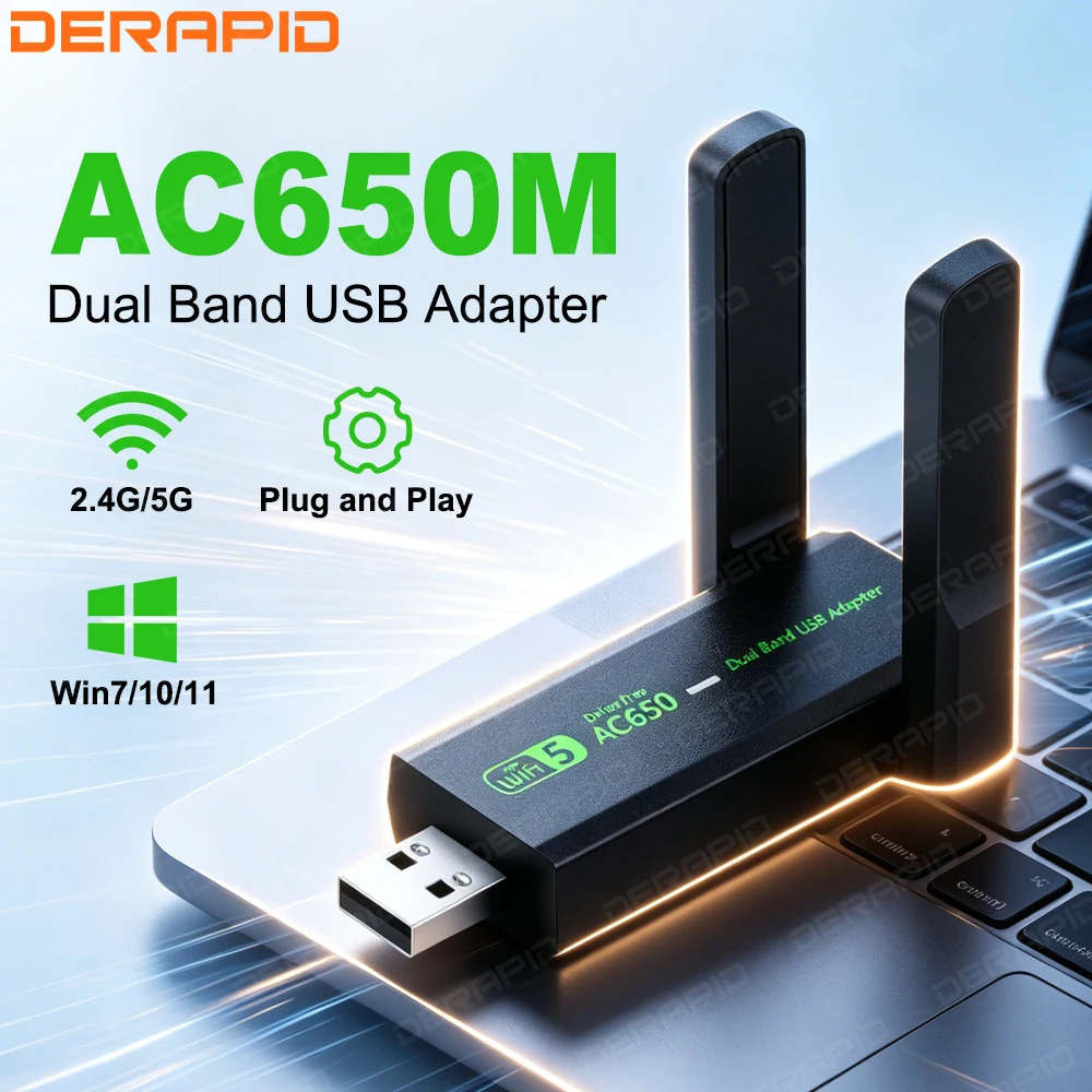 

USB-адаптер Wi-Fi AC650, двухдиапазонный (2.4G/5GHz), с высоким коэффициентом усиления, сетевая карта для ПК/ноутбуков, Windows 7/10/11, без драйверов, большой радиус действия, Plug & Play