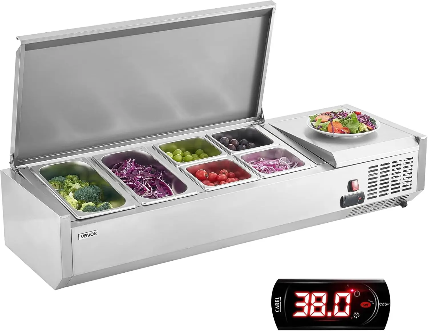 

Refrigerated Condiment Prep Station, 130 W Countertop Refrigerated Condiment Station, with Two 1/3 Pans & Four 1/6 Pans, 304