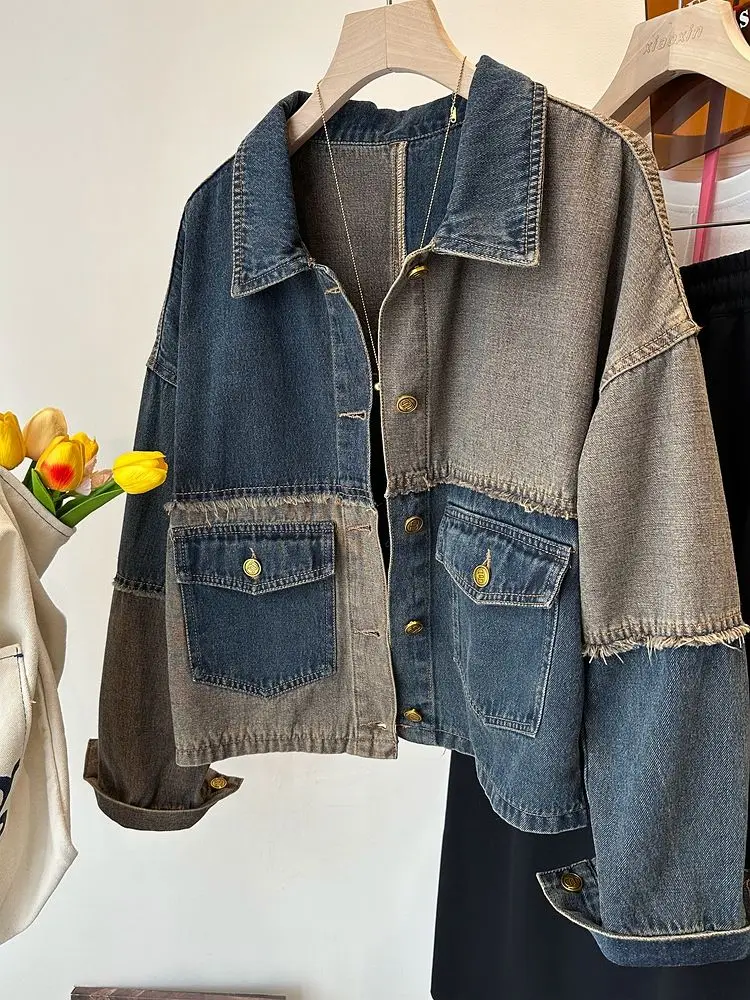 Fashion Vintage Jackets Patchwork Contrast Color Raw Edge Long Sleeve Design Denim Coat Casual Loose All Match Women Clothing