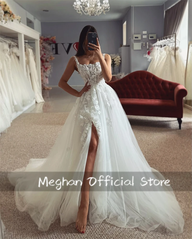 

White Lace Wedding Dresses For Bride Square Neck Party Dress Ball Gown With High Split Special Occasion Dresses Customized
