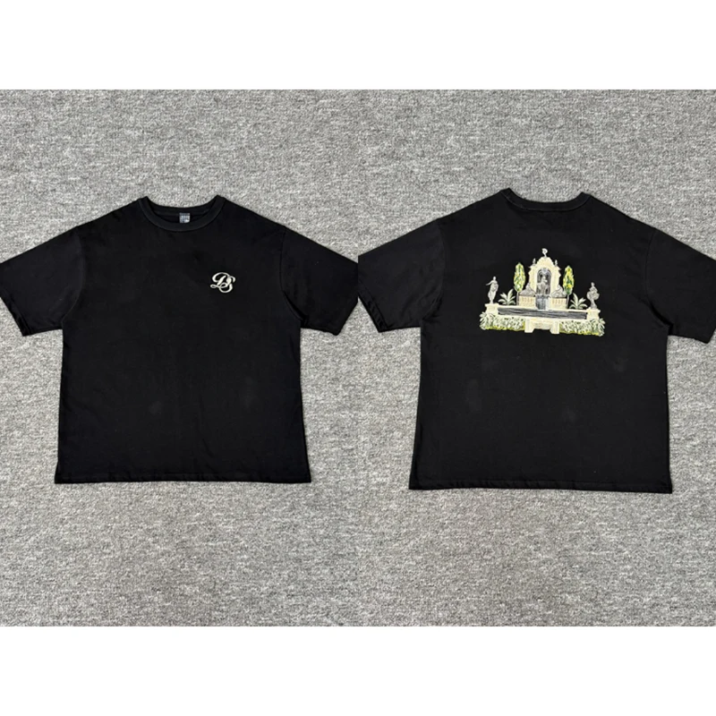 2026SS DERSCHUTZE Men's Casual T-Shirt, Black Minimal Monogram Print Loose Short Sleeve Tee Fast Delivery