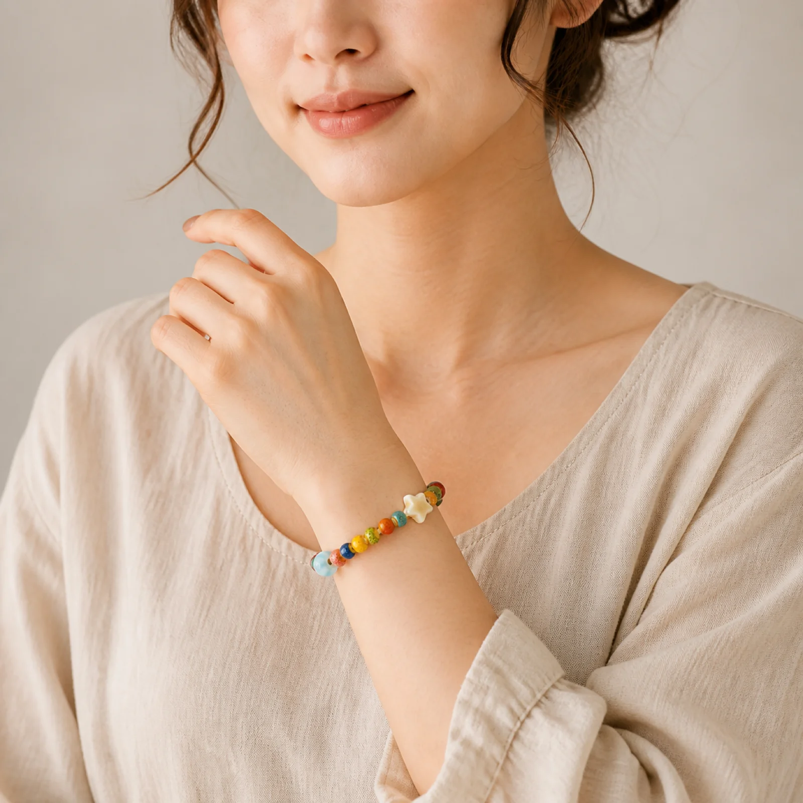 Handmade Glazed Ceramic Star and Bone Bead Stretch Bracelet Colorful Artisan Woven Elastic Cord Jewelry 608P13-20