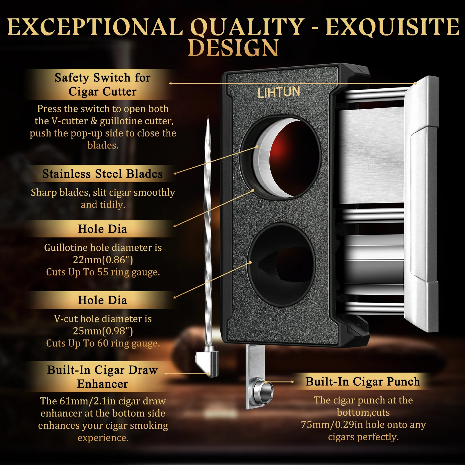 Cigar Cutter Guillotine 4 in 1 Straight Cut V Cutter with Cigar Punch Cigar Draw Enhancer, Stainless Steel Blade Cigar Clippers