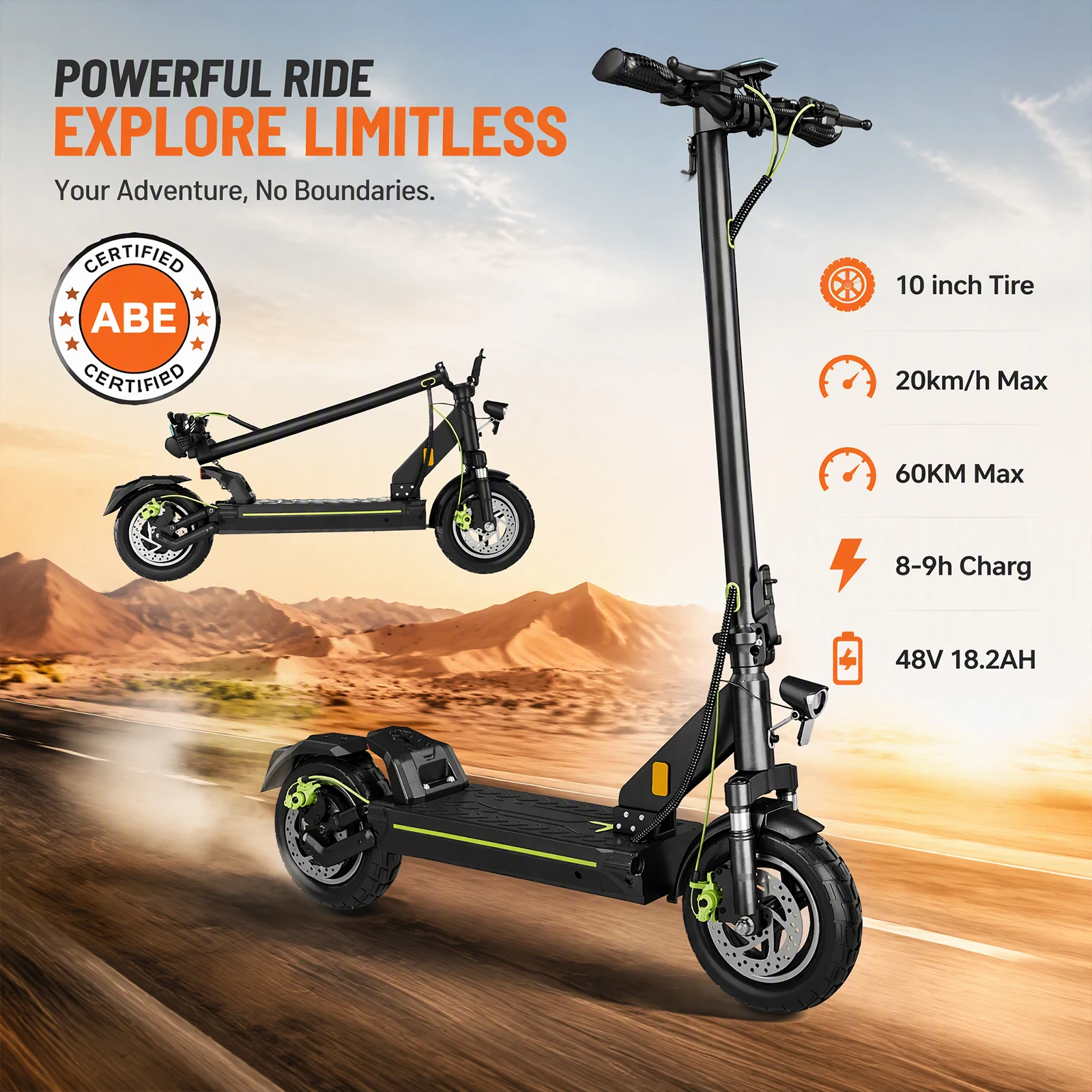 D6PRO ABE Gelände‑Elektroroller 48V 18.2Ah E‑Scooter 60-80km Reichweite 10 Zoll