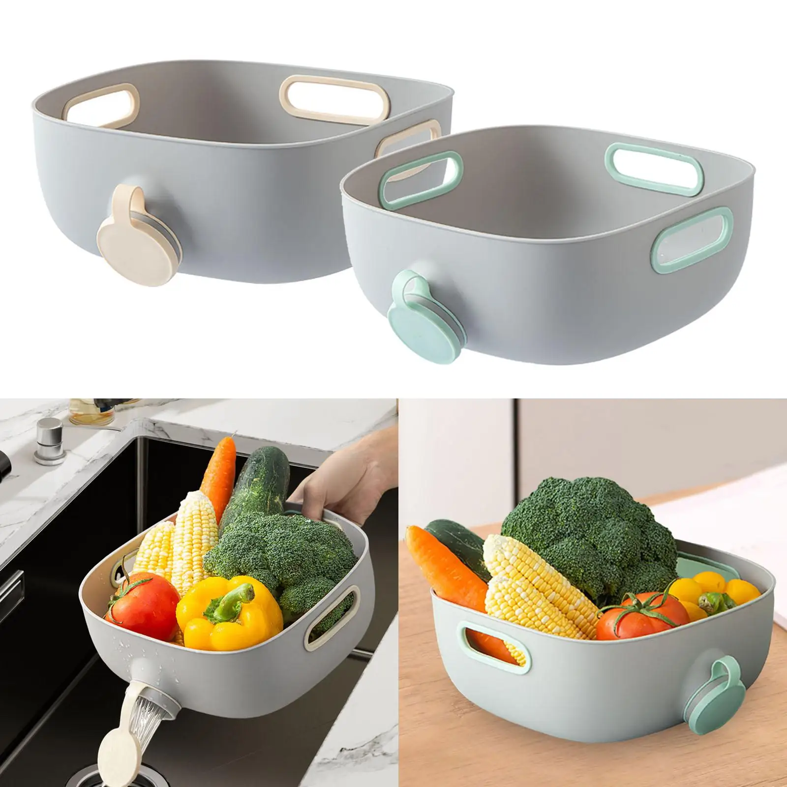 Rice Washing Bowl with Strainer Kitchen Colander for Fruit Vegetable Grain Drainer Storage Container
