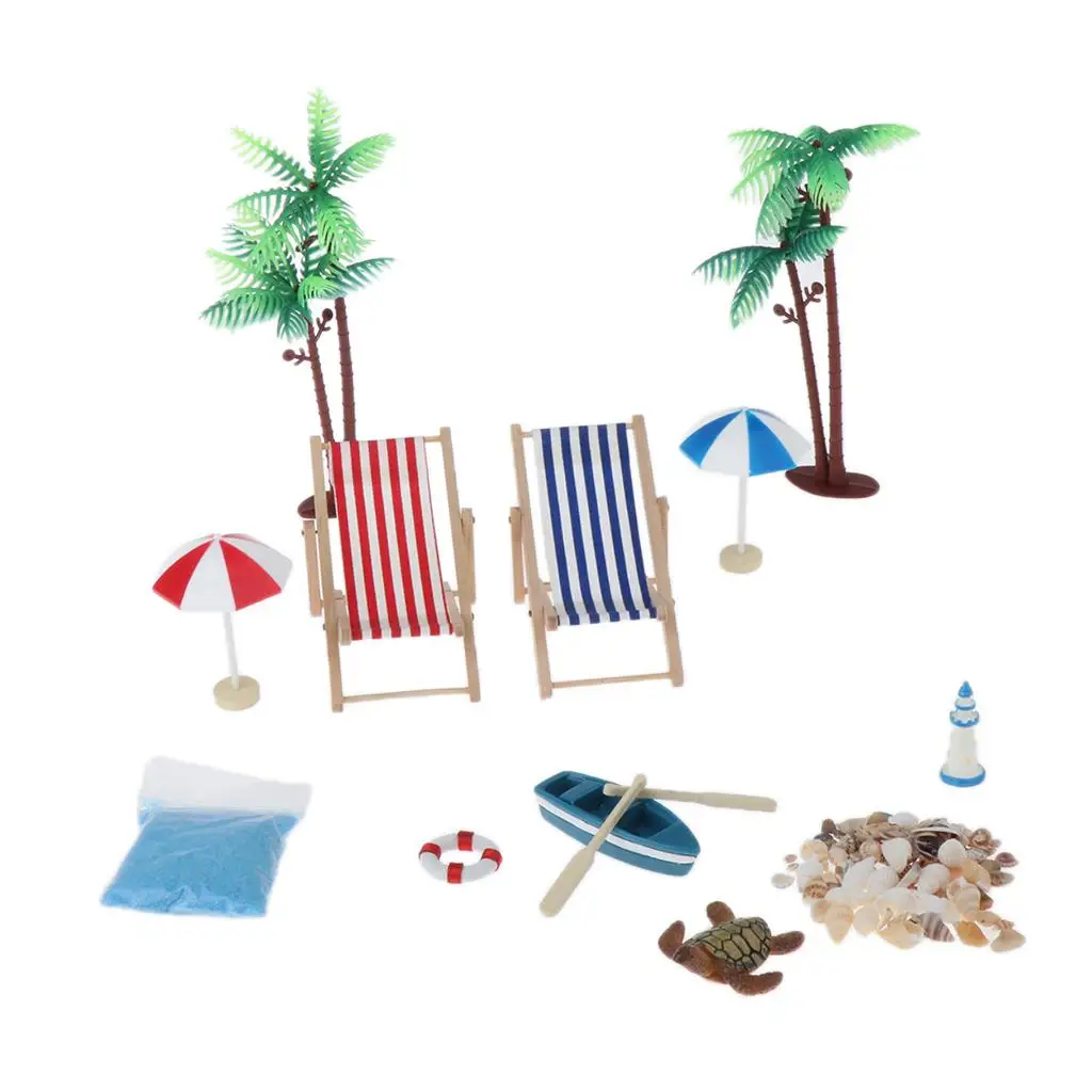 1:12 Dollhouse Beach Accessories 12pcs Set - Deck , End Table with Drinks, Beach Umbrella, small tree, Boat and Shell