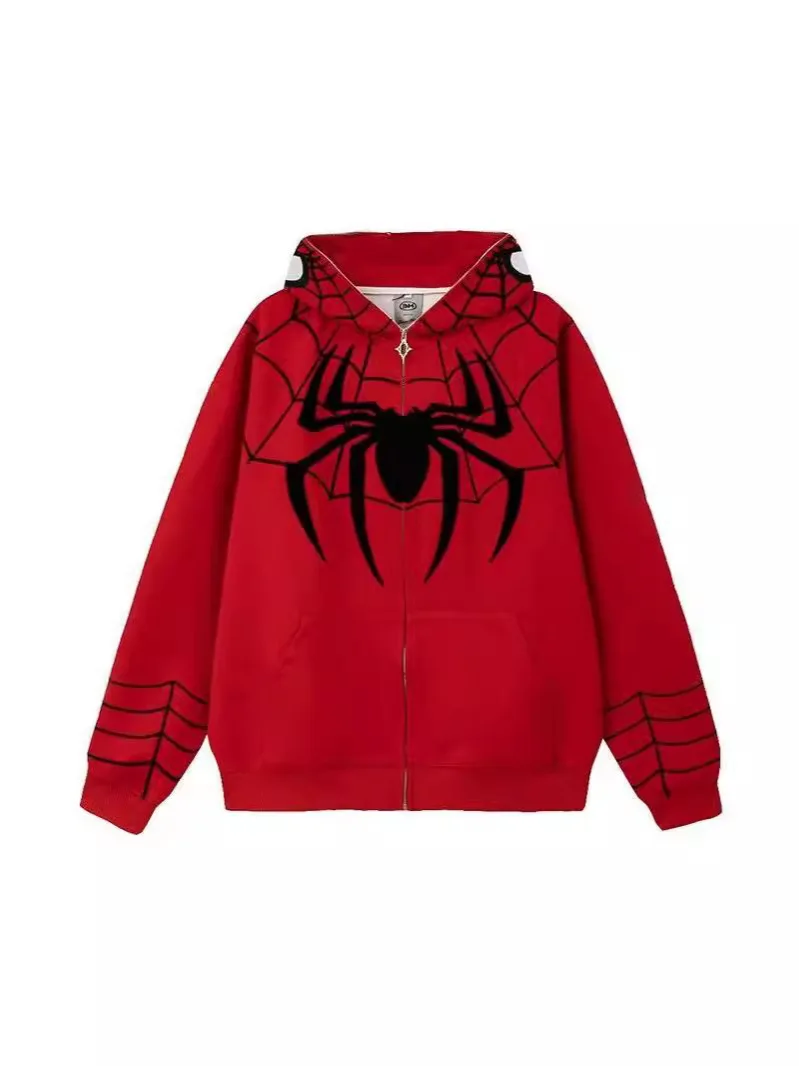 Spider Print Hooded Women's Hip Hop Zipper Long sleeved Jacket Coat 2025 Autumn/Winter Harajuku Casual Loose Hooded Sweatshirt