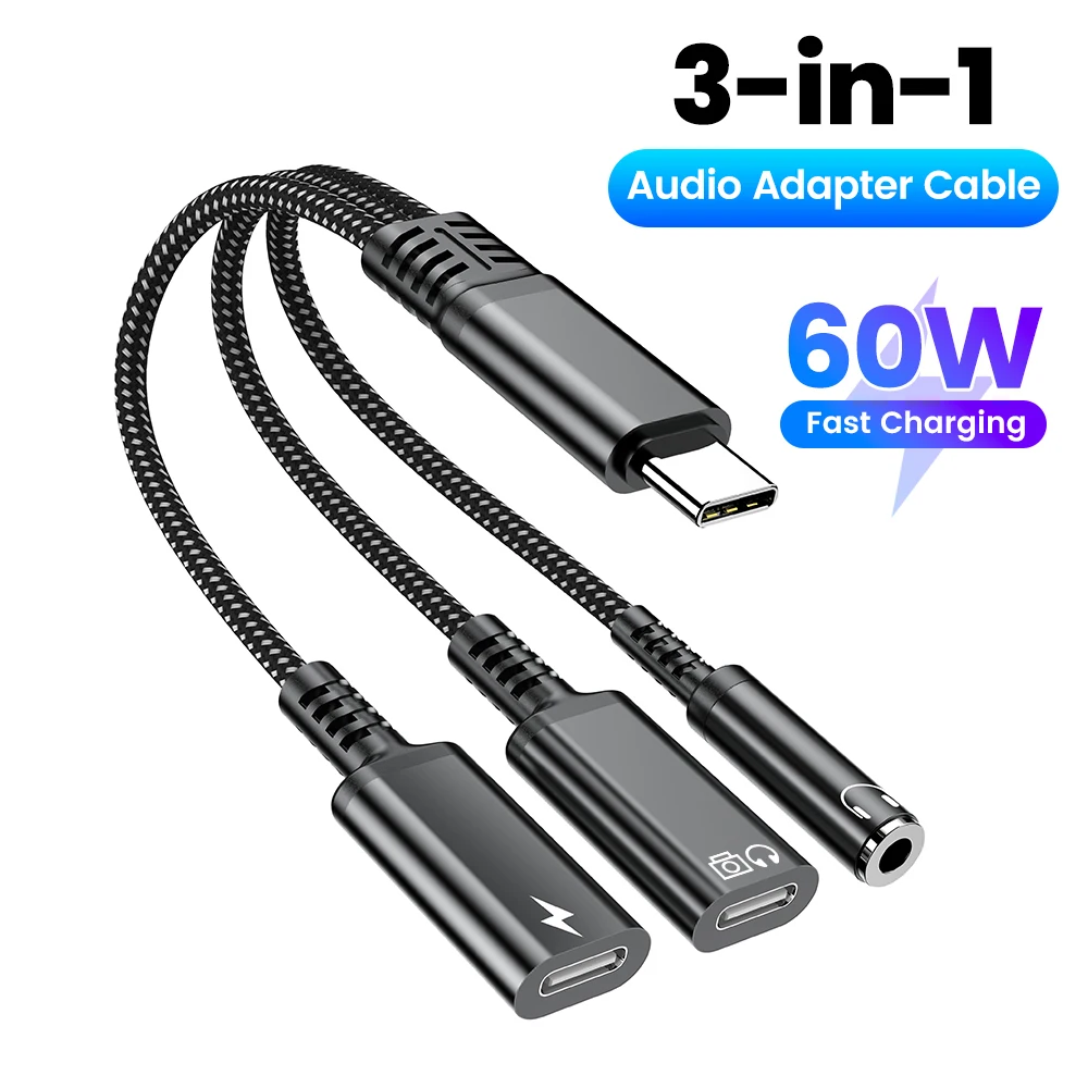 Adaptateur audio 3-en-1 Type C vers 3,5 mm Aux + Audio Type C + Port de charge rapide Type C Câble audio Adaptateur USB C Splitter Convertisseur Adaptateur audio 3-en-1 Type C vers 3,5 mm Aux + Audio Type C + Port de charge rapide Type C Câble audio Adaptateur USB C Splitter Convertisseur