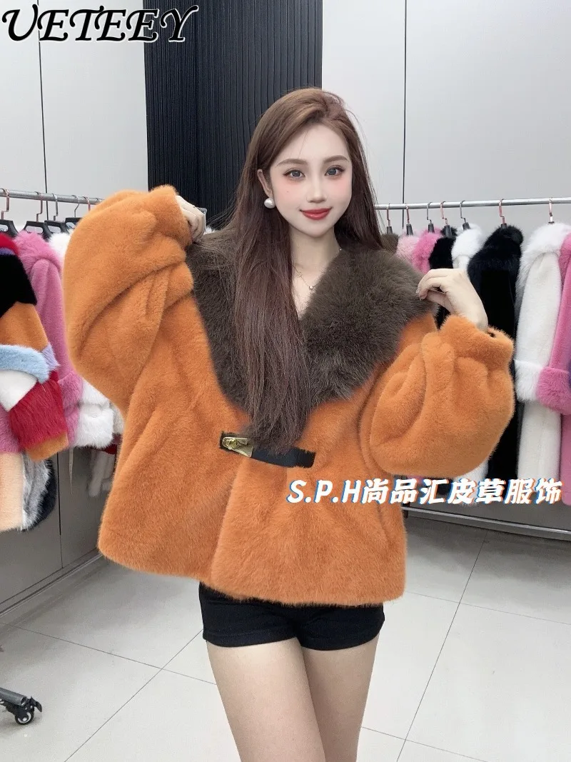 

Socialite Style Women's Fashion Versatile Large Fur Collar Color-Block Coat Winter New Versatile Slim Faux Fur Short Jacket