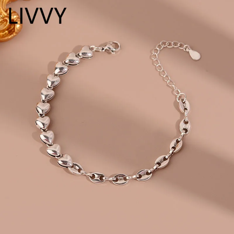 

LIVVY Silver Color New Fashion Trend LOVE Heart Brcacelet for Women Couples Elegant Patchwork Chain Party Jewelry Gifts