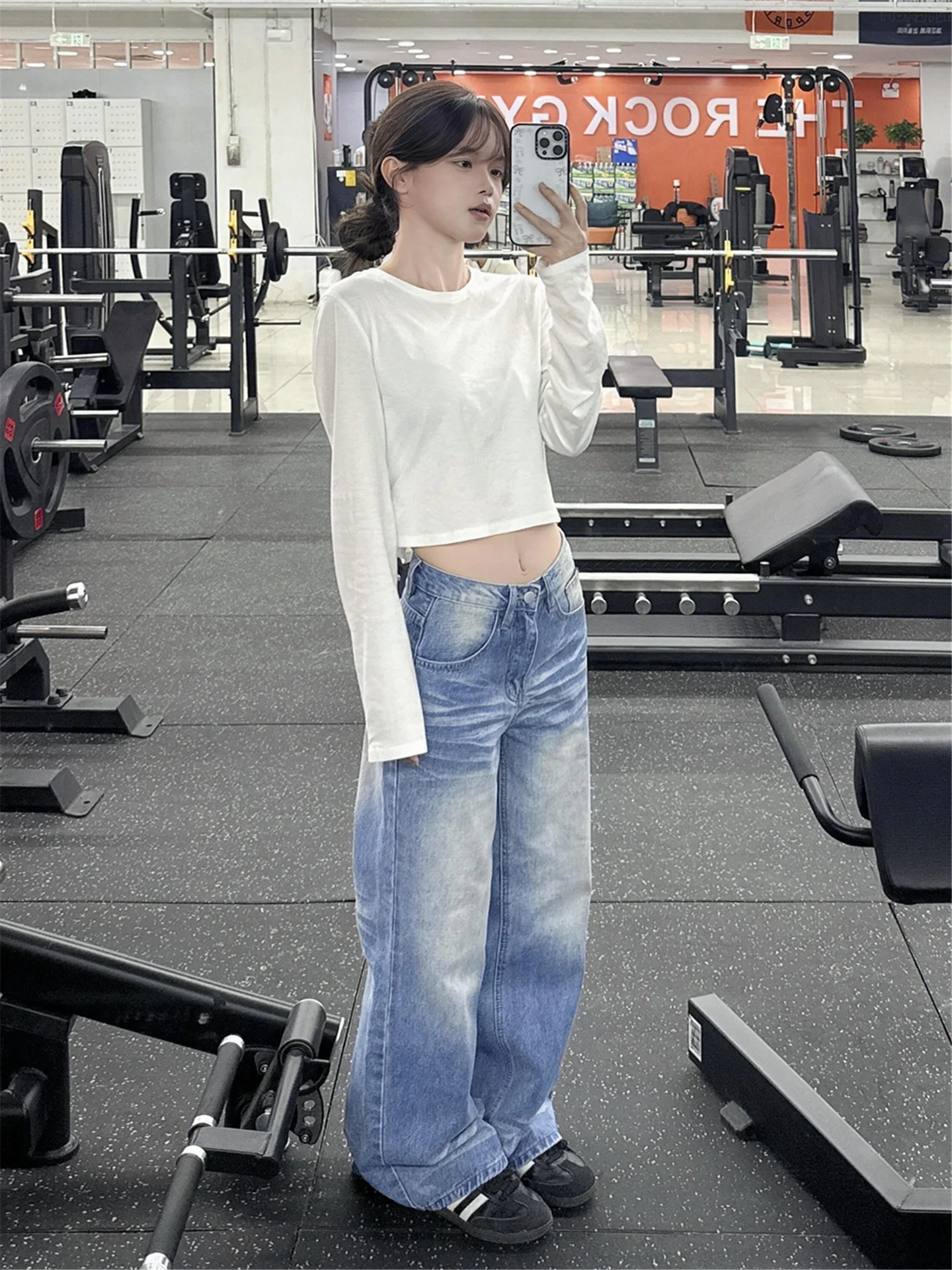 

Extended High Waist Light Blue Wide Leg Jeans Women Loose Slimming Weathered Straight Floor-Length Pants Casual Cotton Denim