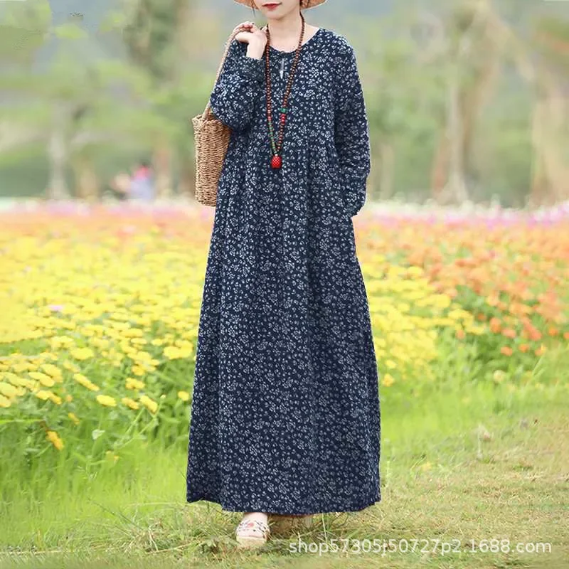 Women Fashion Floral Muslim Dress Vintage Printed Dress Loose Middle Eastern Robe Casual Long Sleeve Abayas for Women Vestidos