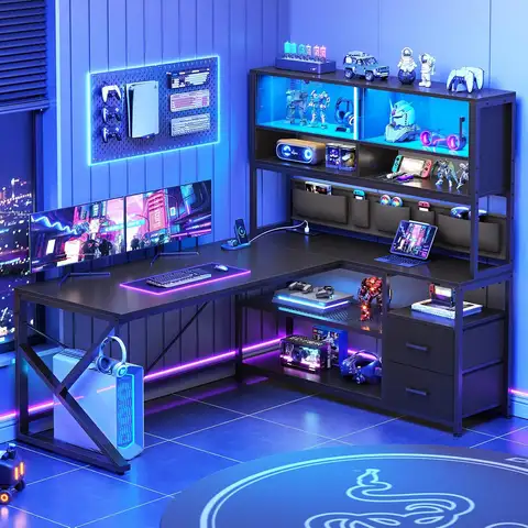 L Shaped Gaming Desk, Home Office Computer Desk with 2 Drawer and Bookshelf, L Shaped Gaming Desk with LED Light,, Customized