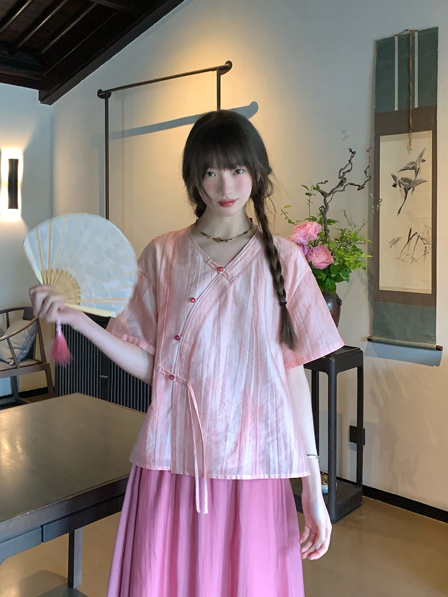 

Jingye Page Retro Peach Pink ort Sve V-Ne Women's irt Summer 2024 New Chinese Sle National Trend Top Sweet Sle