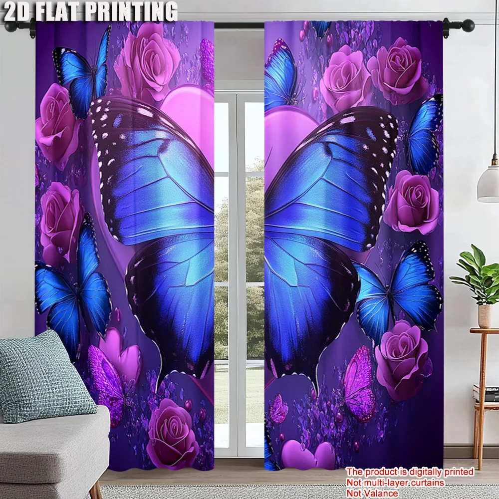 

2Pcs Fantasy Purple Butterfly Flower Printed Window Curtain For Bedroom Office Kitchen Living Room And Study Rod Pocket Window