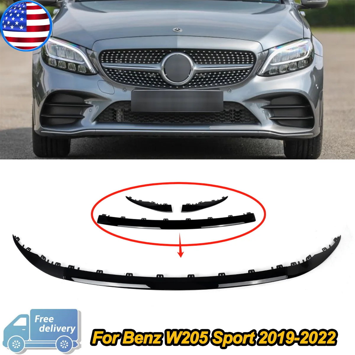 الفاصل لمرسيدس W205 2019-2022 أسود لامع مجموعة كاملة الجبهة حافة مصد السيارة صب الكسوة الجبهة حافة مصد السيارة طقم الجسم #1