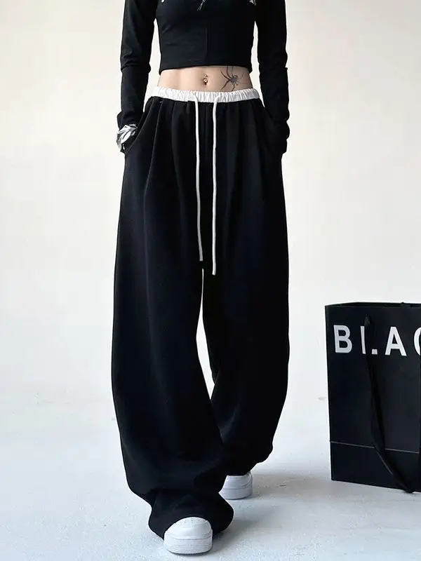 

High Street Black Sports Pants for Women Spring New Elastic Waist Contrast Loose Trend Wide Leg Pants Fashion Casual Clothing