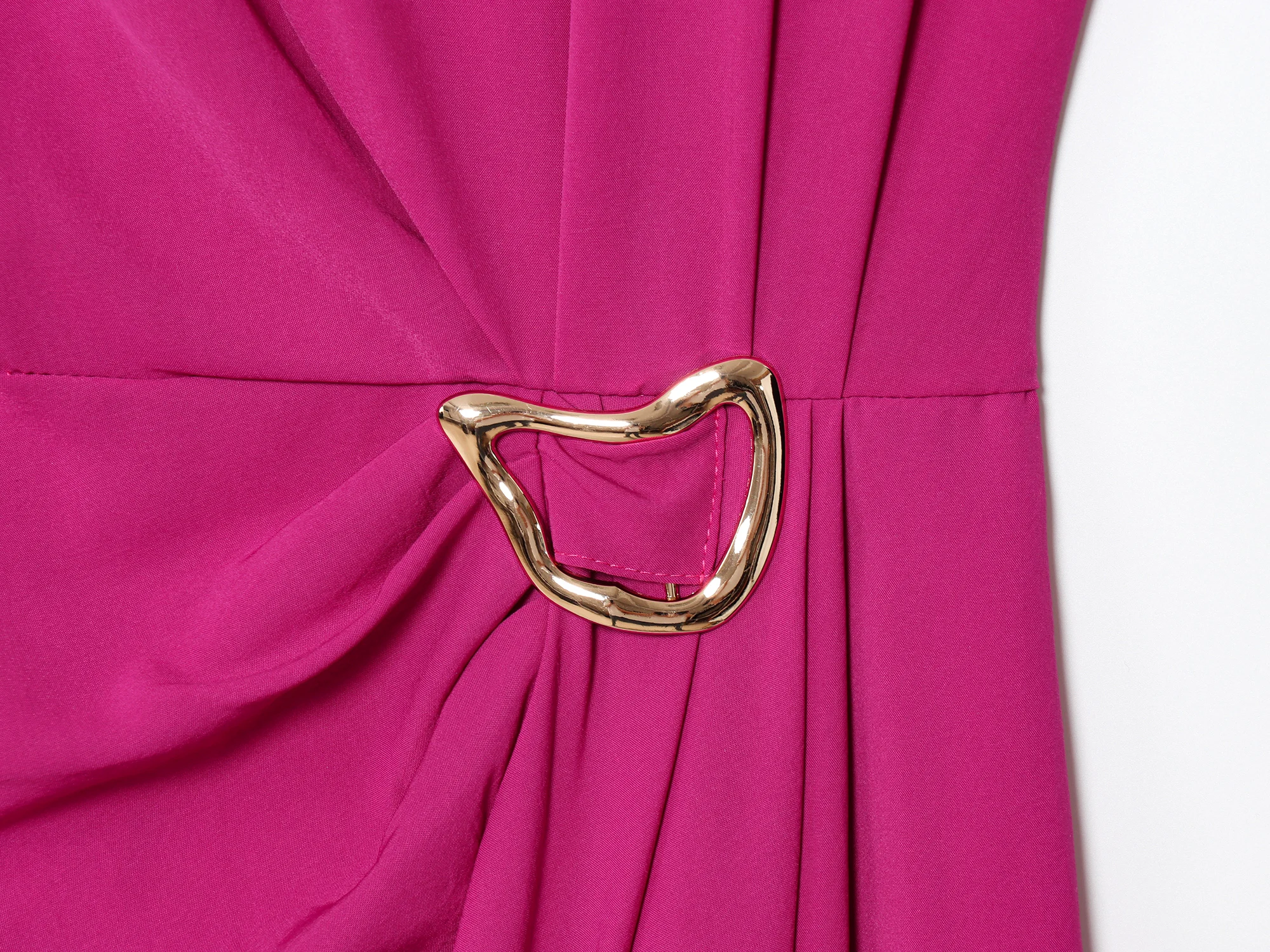 HH – robe mi-longue de soirée rouge Rose pour femmes, élégante, couleur unie, col rond, boucle plissée, fente latérale, fermeture éclair asymétrique, robe à la mode