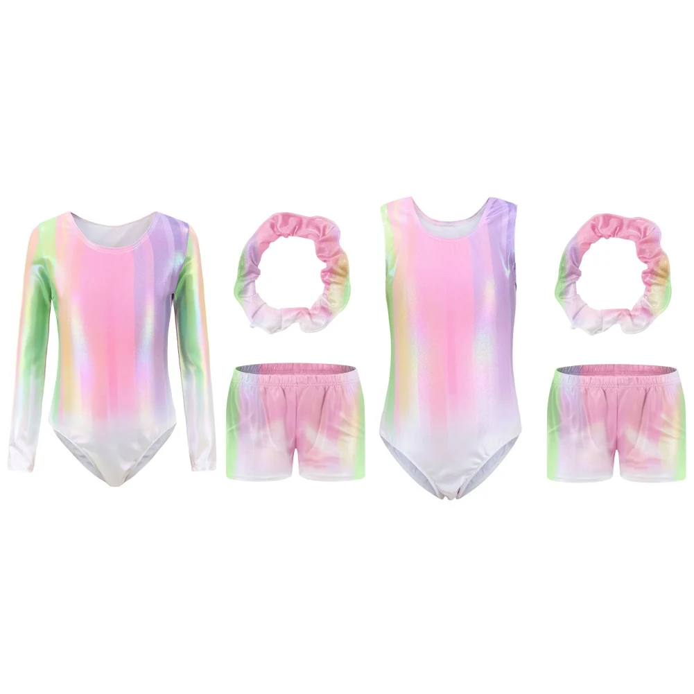 Girls Dance Ballet Leotard Rainbow Gradient Color Gymnastic Suit With Body Shorts Hair Band Long Sleeve Workout Outfits Bodysuit