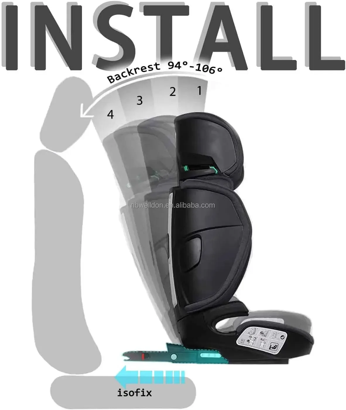 Venta al por mayor de 3 a 12 años Grupo 2/3 Silla de asiento de coche para bebés y niños con respaldo alto rosa i-size con ISOFIX