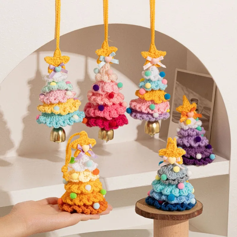 Handmade Crochet Colorful Christmas Tree Ornament with Bell Pom Pom Car Hanging Pendant Xmas Decor Gift