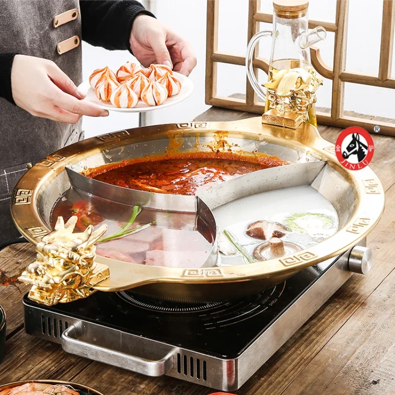 Cookware 36/38cm Stainless Steel Gas Induction Cooker Hot Pot Golden Dragon Head Mandarin Duck Hotpot Round Divider Chafing Dish